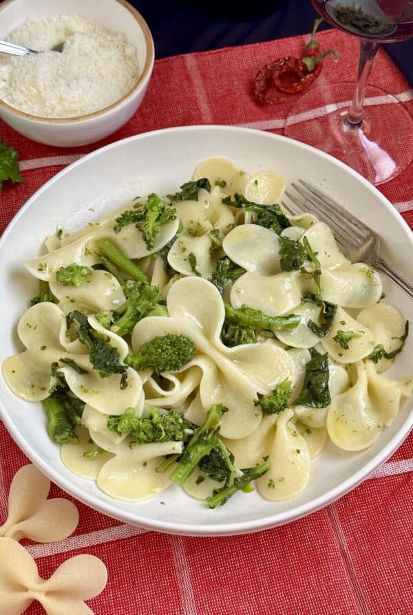 rapini pasta on a red cloth