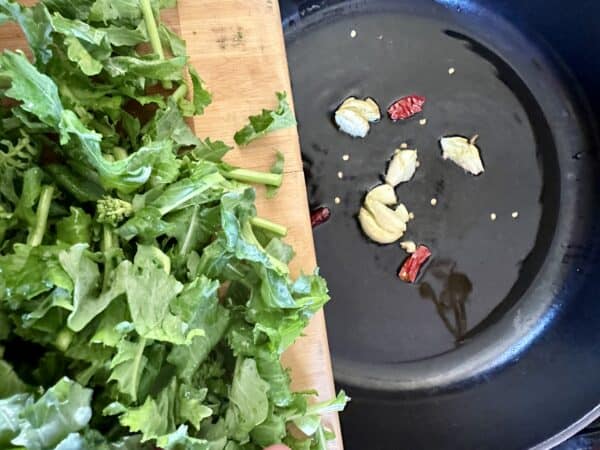 adding rapini to pan