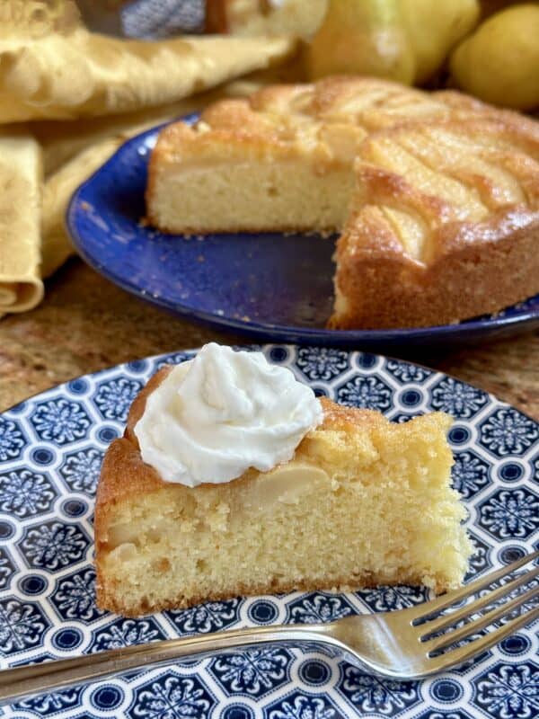 slice of honey pear cake with cream