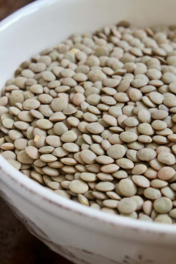 uncooked brown lentils in a bowl