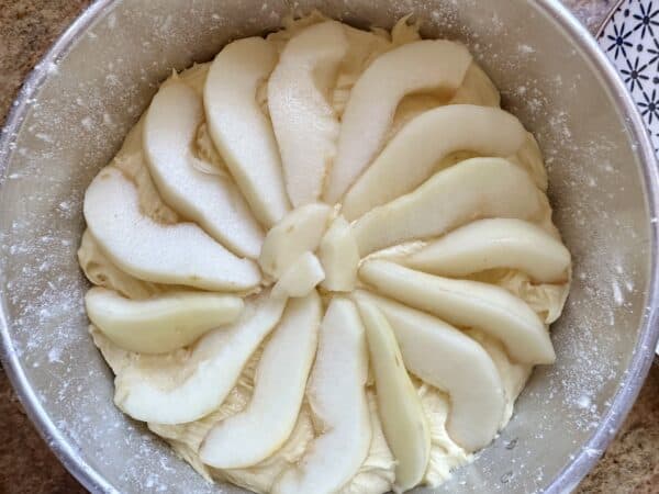 cake with pear slices on top