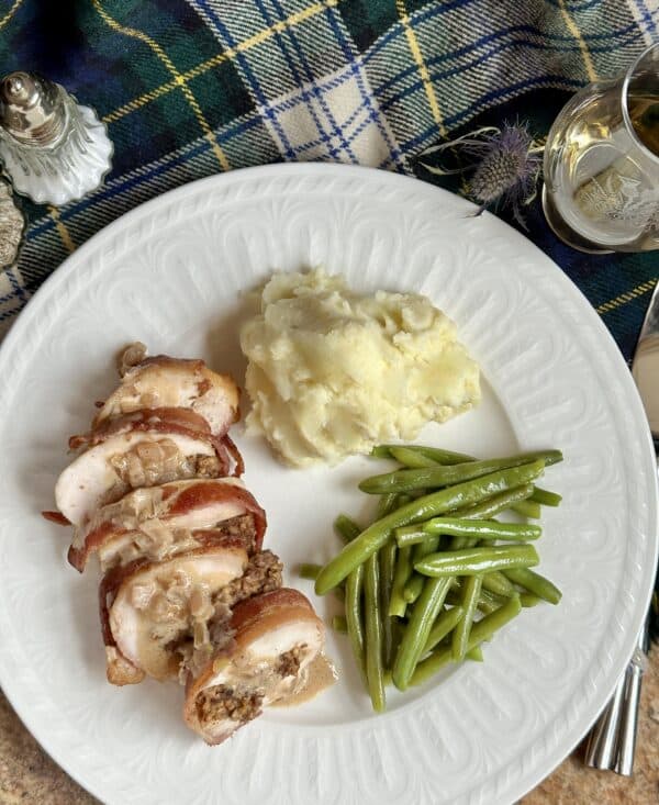 Balmoral chicken on a plate with sides, overhead