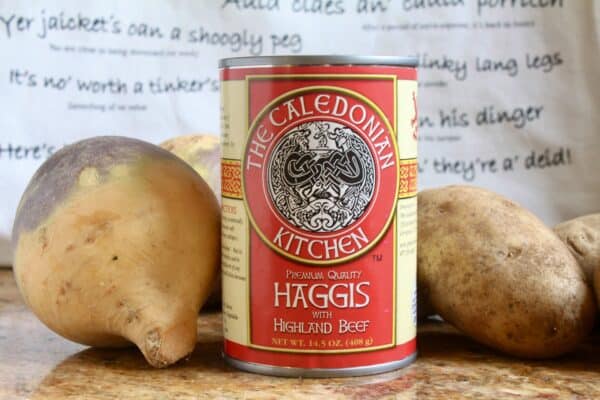 rutabaga, can of haggis and potatoes