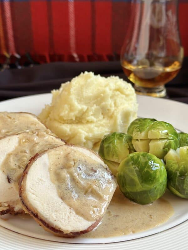 Chicken Braemar with Brussels sprouts and mashed potatoes