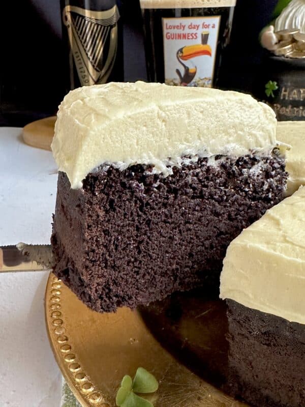 cutting a slice of chocolate Guinness cake