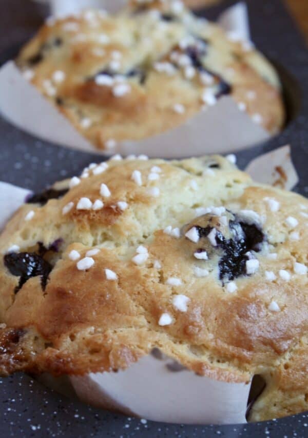 close up of blueberry muffins made using a perfect blueberry muffin recipe