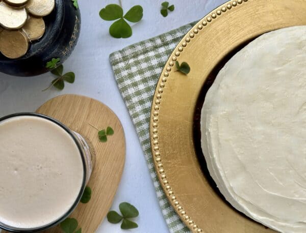 overhead shot of a Guinness and the top of a Guinness chocolate cake