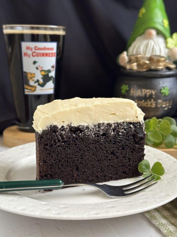 slice of Guinness chocolate cake with clover