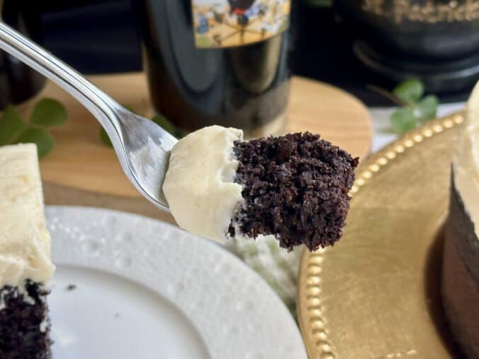 bite of Guinness chocolate cake on a fork