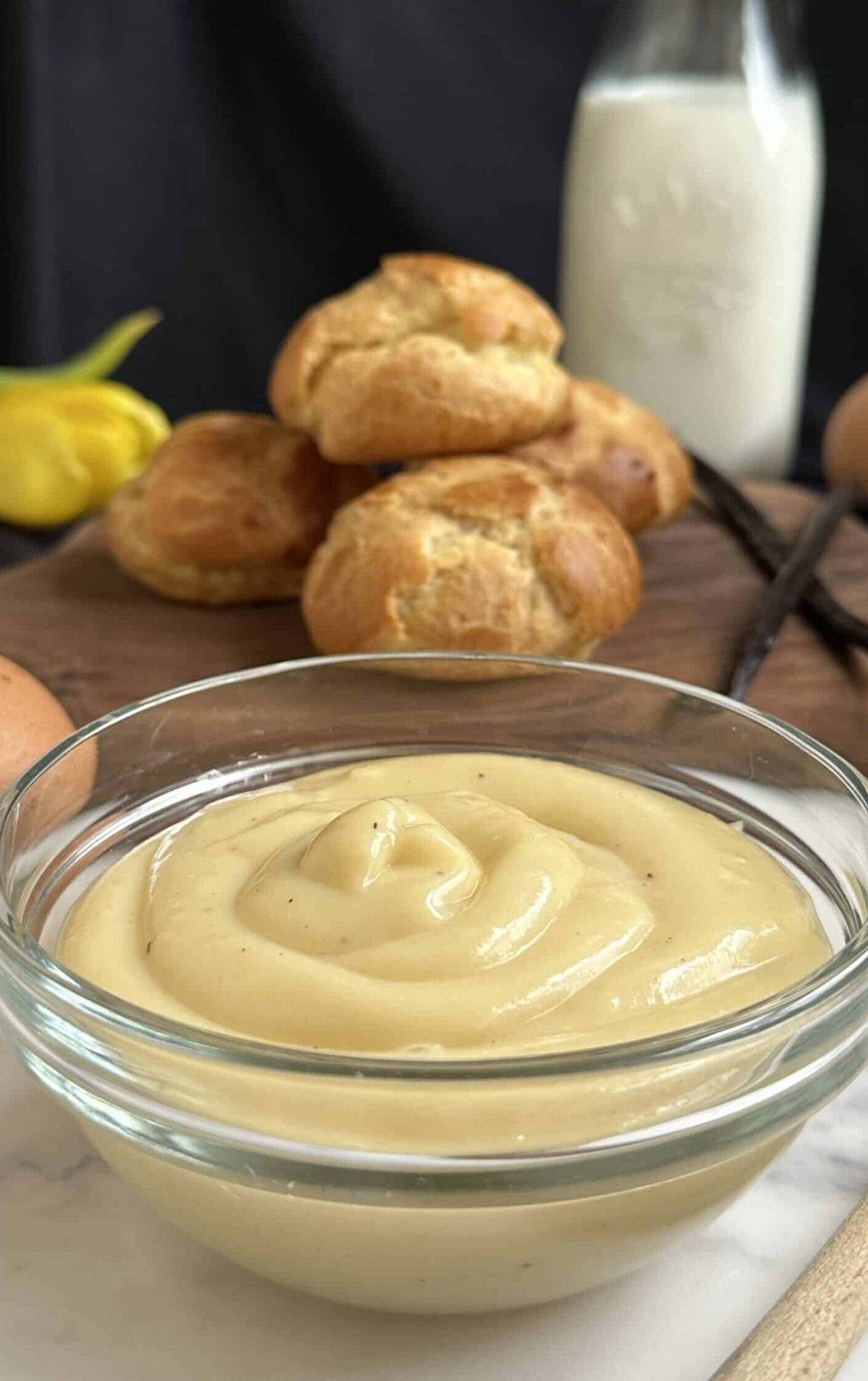 pastry cream with choux buns and vanilla beans