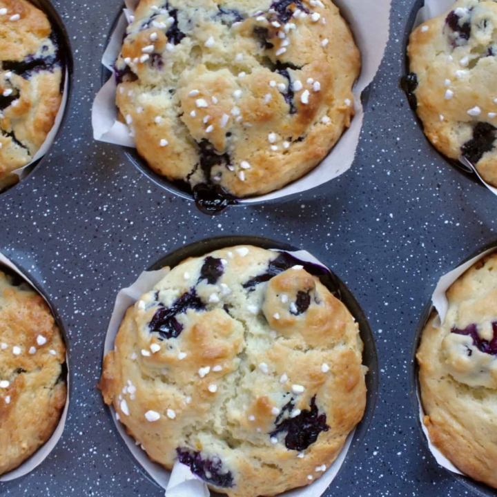 overhead shot of blueberry muffins in tray