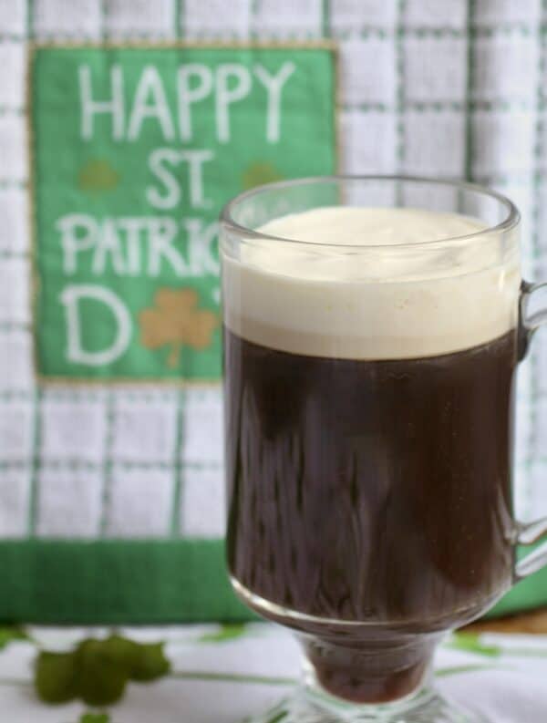 Irish coffee with Happy St Patrick's day tea towel