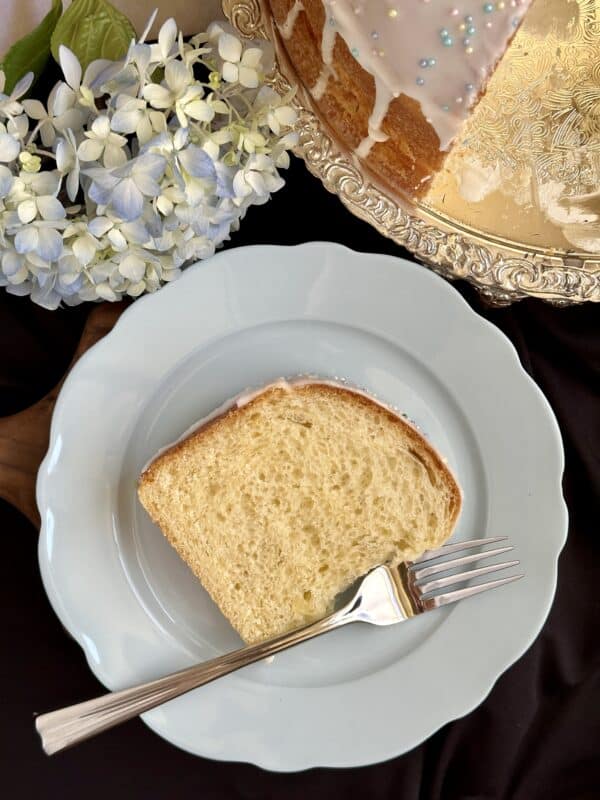 slice of Easter cake on a blue plate