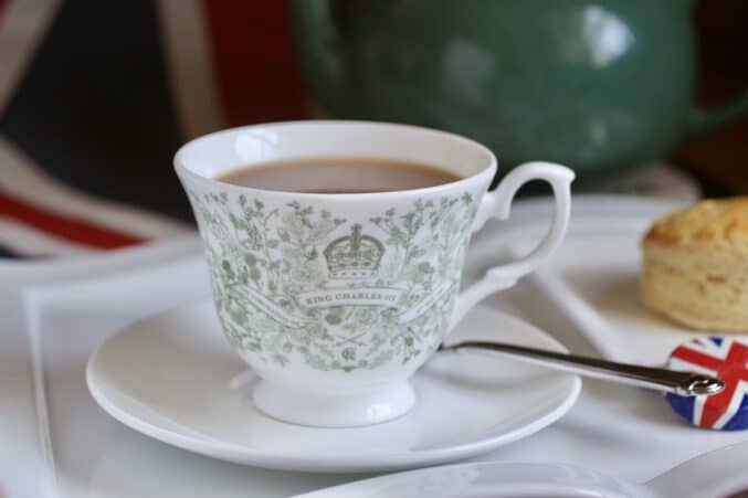 cup of loose leaf tea in a Coronation cup and saucer 