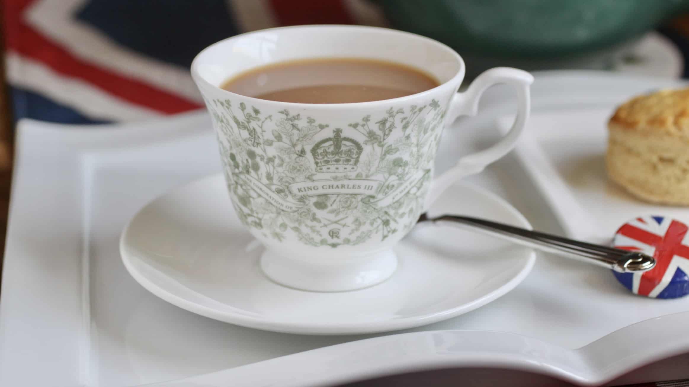 cup of loose leaf tea in a Coronation cup and saucer (social)
