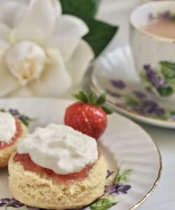 scone and strawberry with cream and jam and tea
