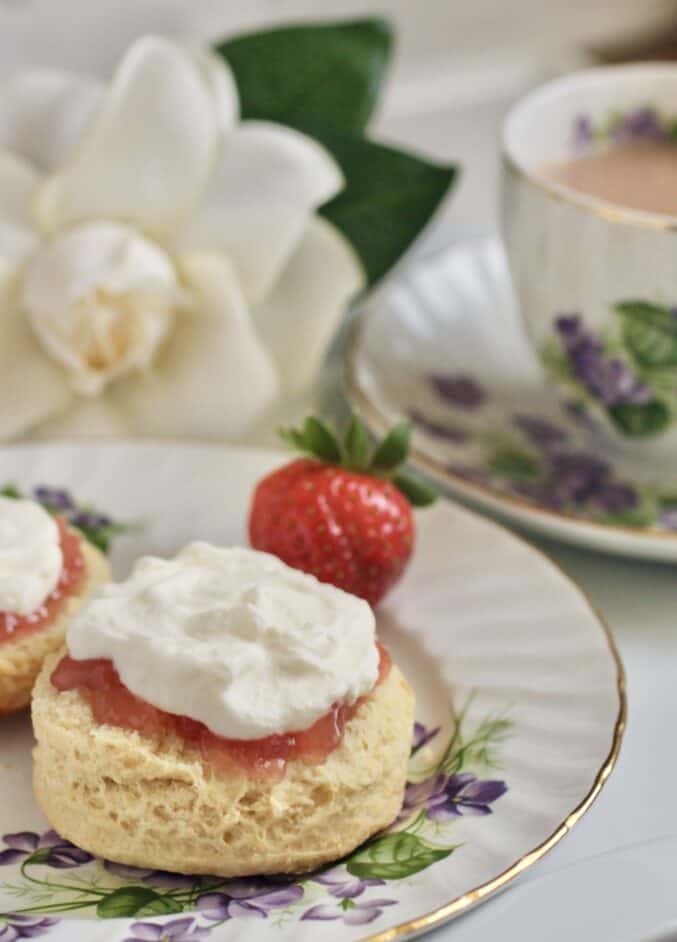 scone and strawberry with cream and jam and tea