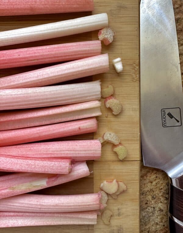 trimming tops of rhubarb