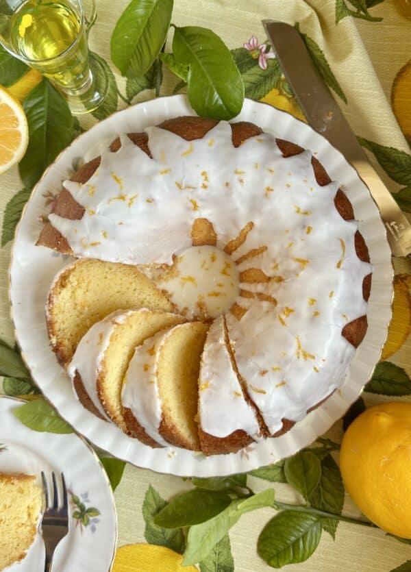 sliced Meyer lemon bundt cake from above