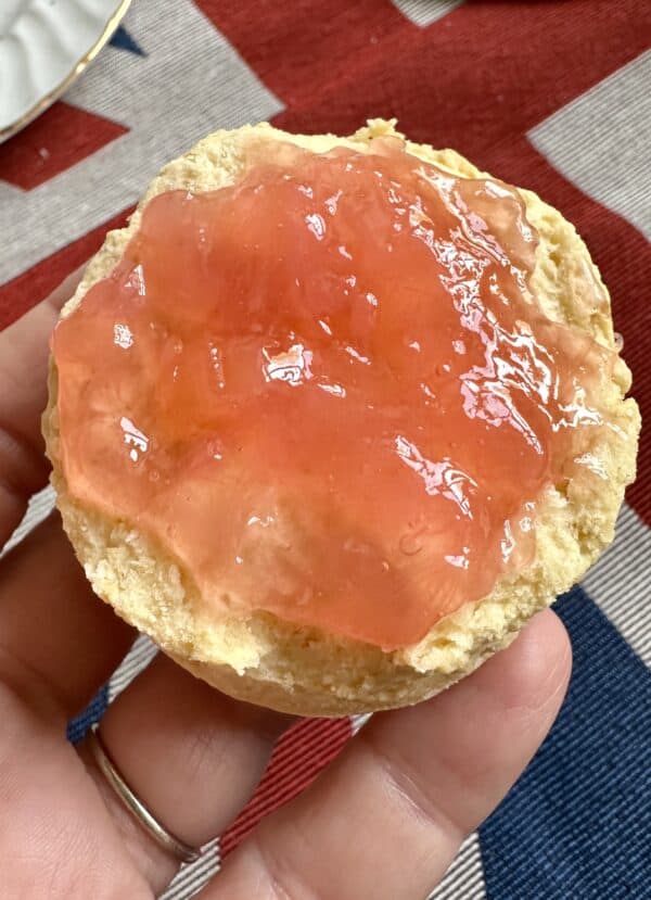 rhubarb jam on a scone