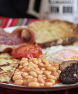 Full Scottish breakfast with an Irn Bru mug