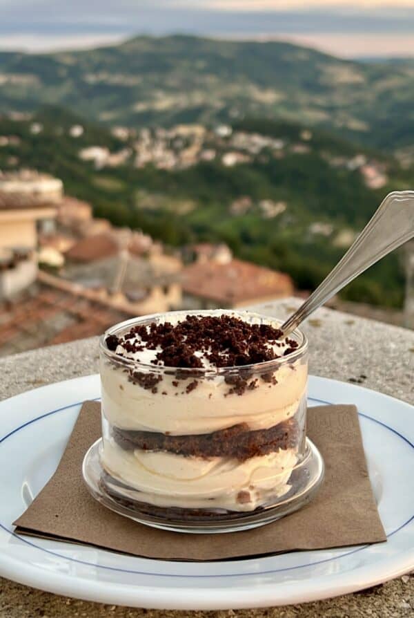 tiramisu in San Marino overlooking Italy