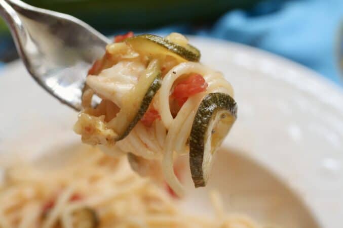 forkful of pasta with zucchini