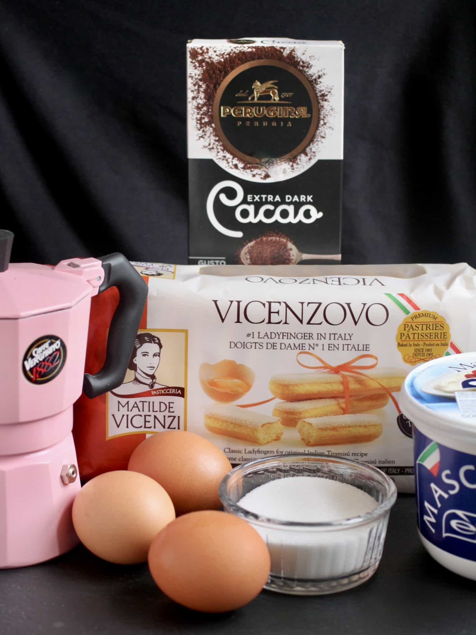 ingredients to make original tiramisu: Savoiardi biscuits, eggs, coffee, mascarpone, sugar and cocoa.