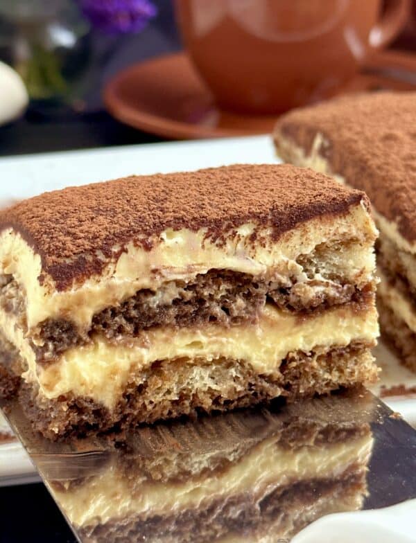 slice of tiramisu on a spatula