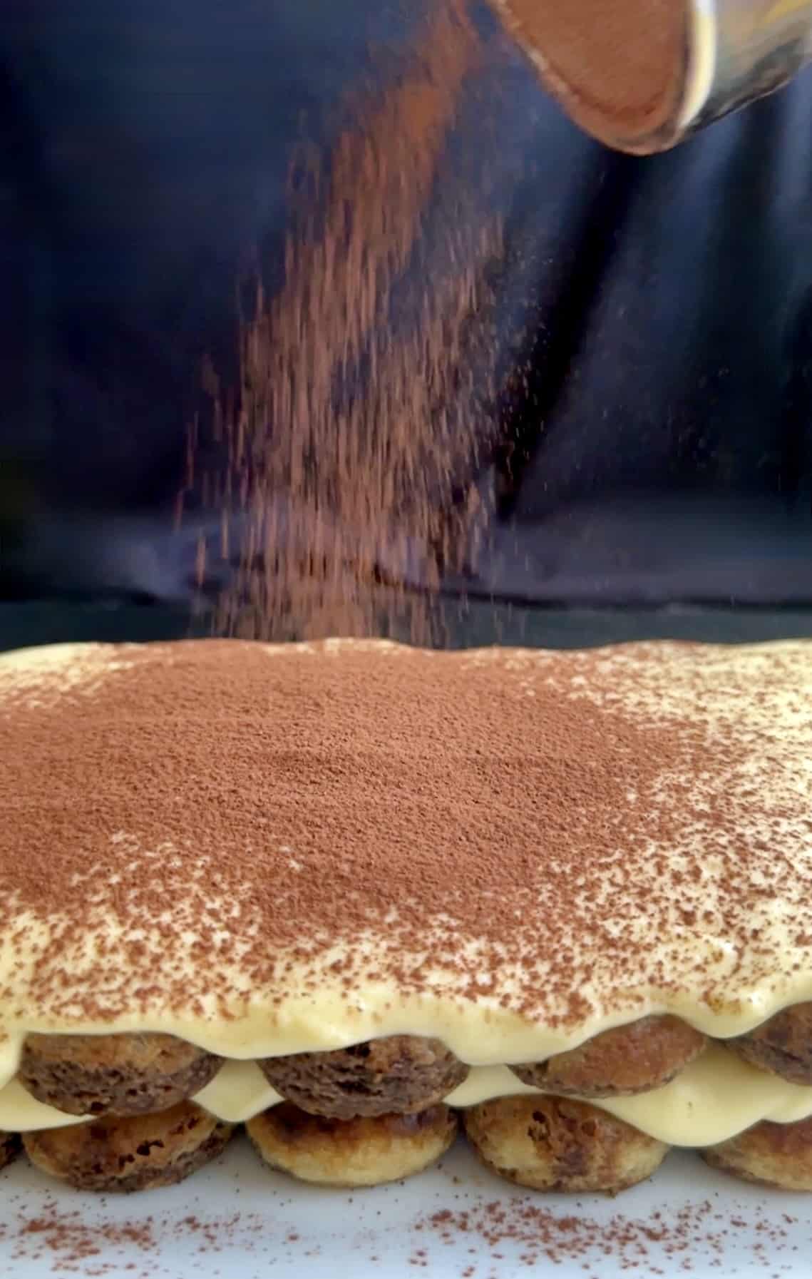 dusting tiramisu with cocoa