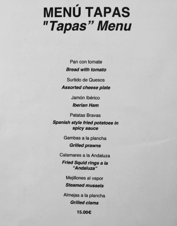 Spanish tapas menu