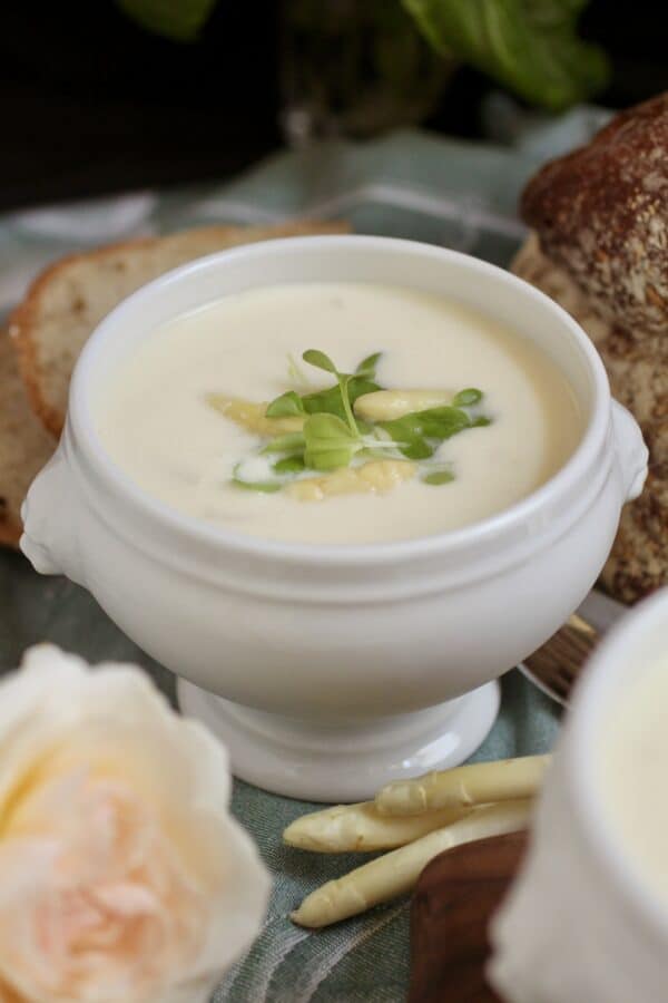 asparagus soup in a lion head bowl