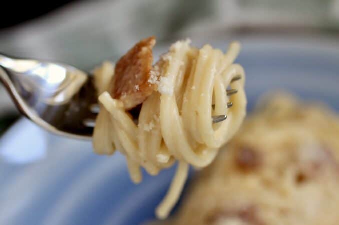 pasta with bacon and eggs on fork