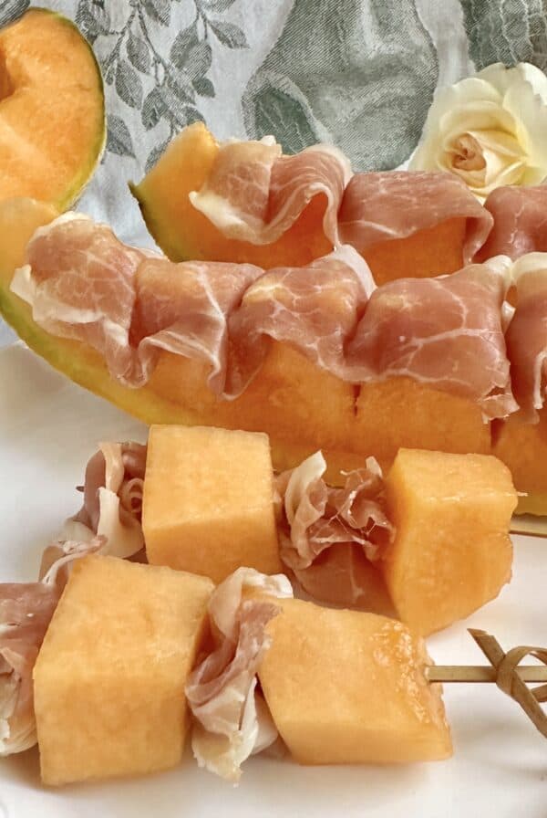 skewers and cubes of prosciutto and melon