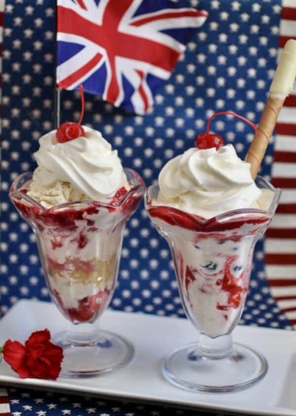 Knickerbocker glories with a Union Jack and US colored background