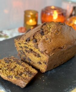 pumpkin chocolate chip bread with candles