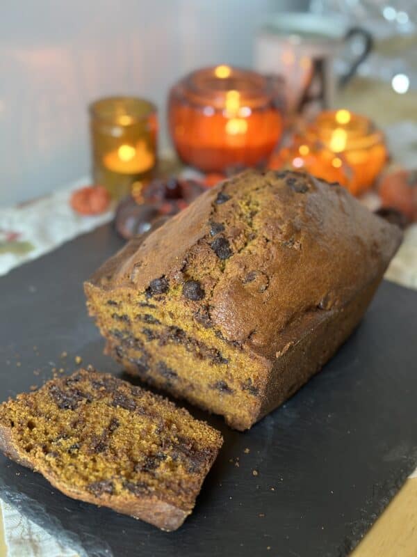 pumpkin chocolate chip bread with candles