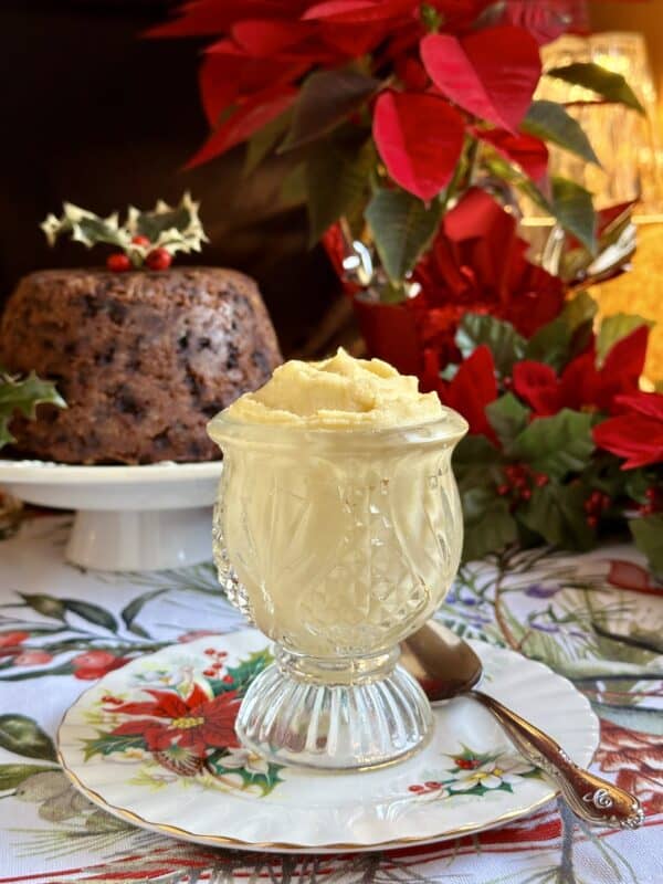 brandy butter with Christmas pudding in the background