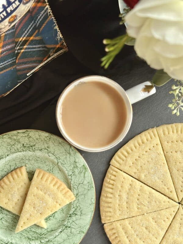 petticoat tails shortbread overhead with mug of tea