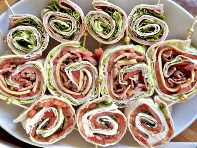 pinwheel sandwiches in a bowl for best tailgate party food