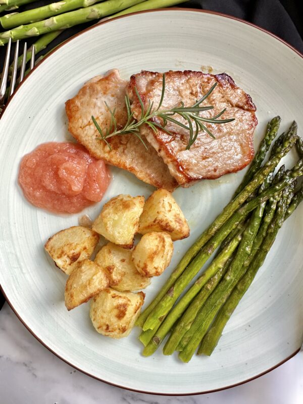 pork chops, fried asparagus, roasted potatoes and rhubarb apple sauce