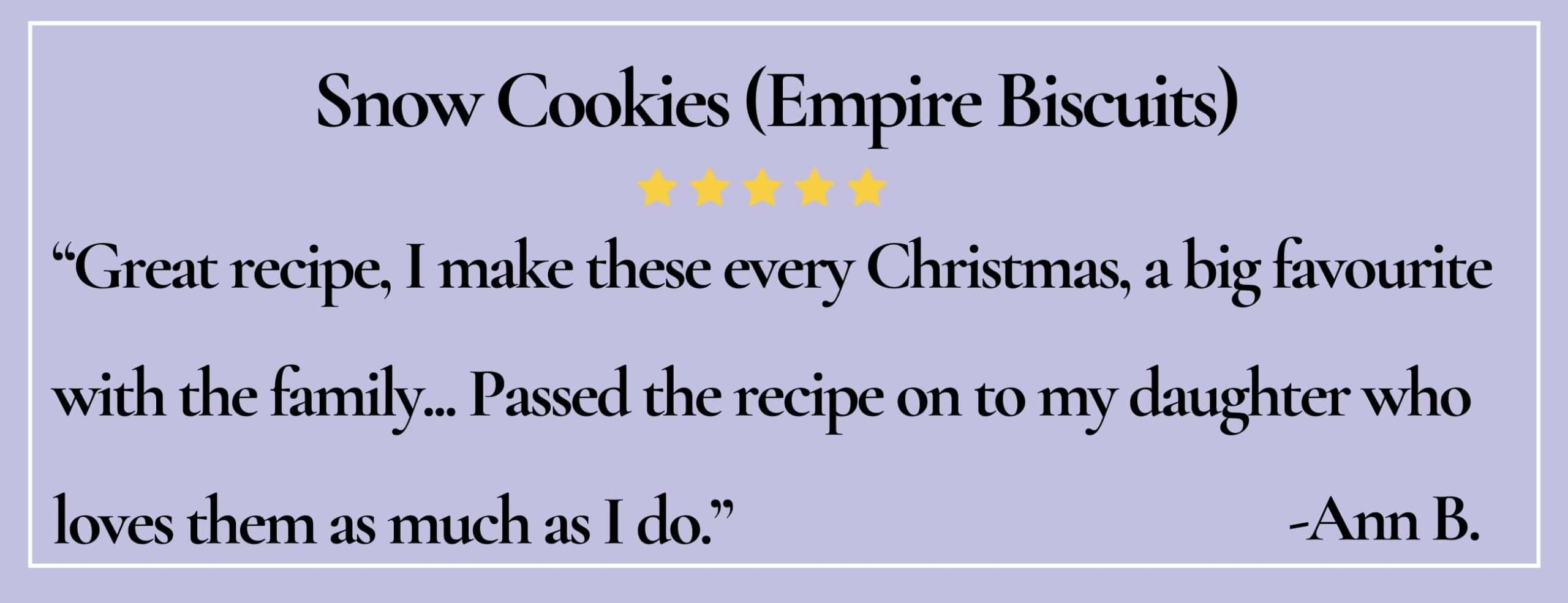 Text box with paraphrase: Great recipe, I make these every Christmas, a big favourite with the family. -Ann B.