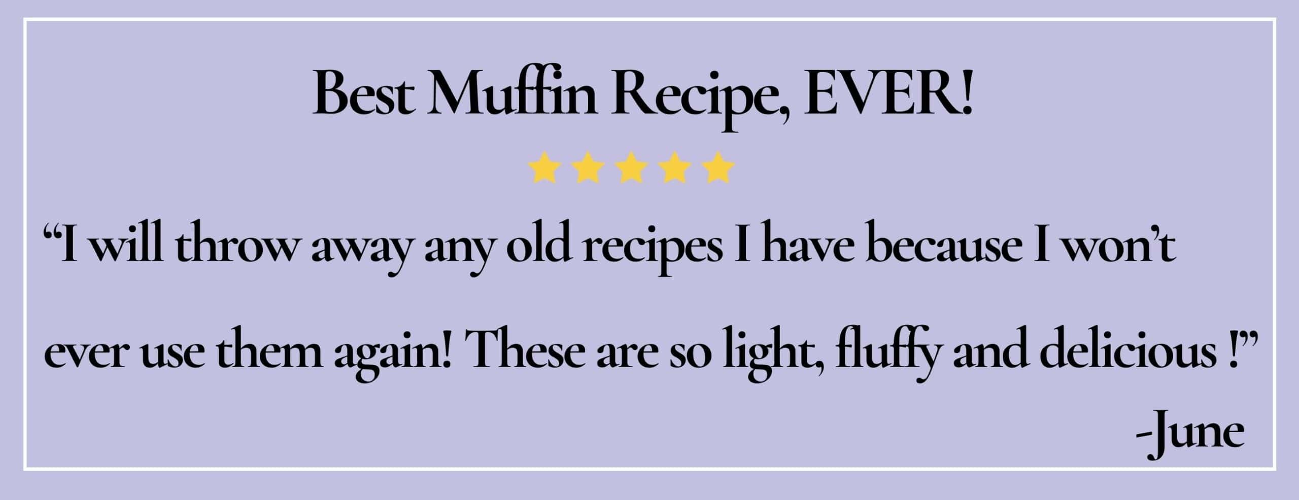 Text box with paraphrase: Best muffin recipe, EVER! These are so light, fluffy and delicious! -June