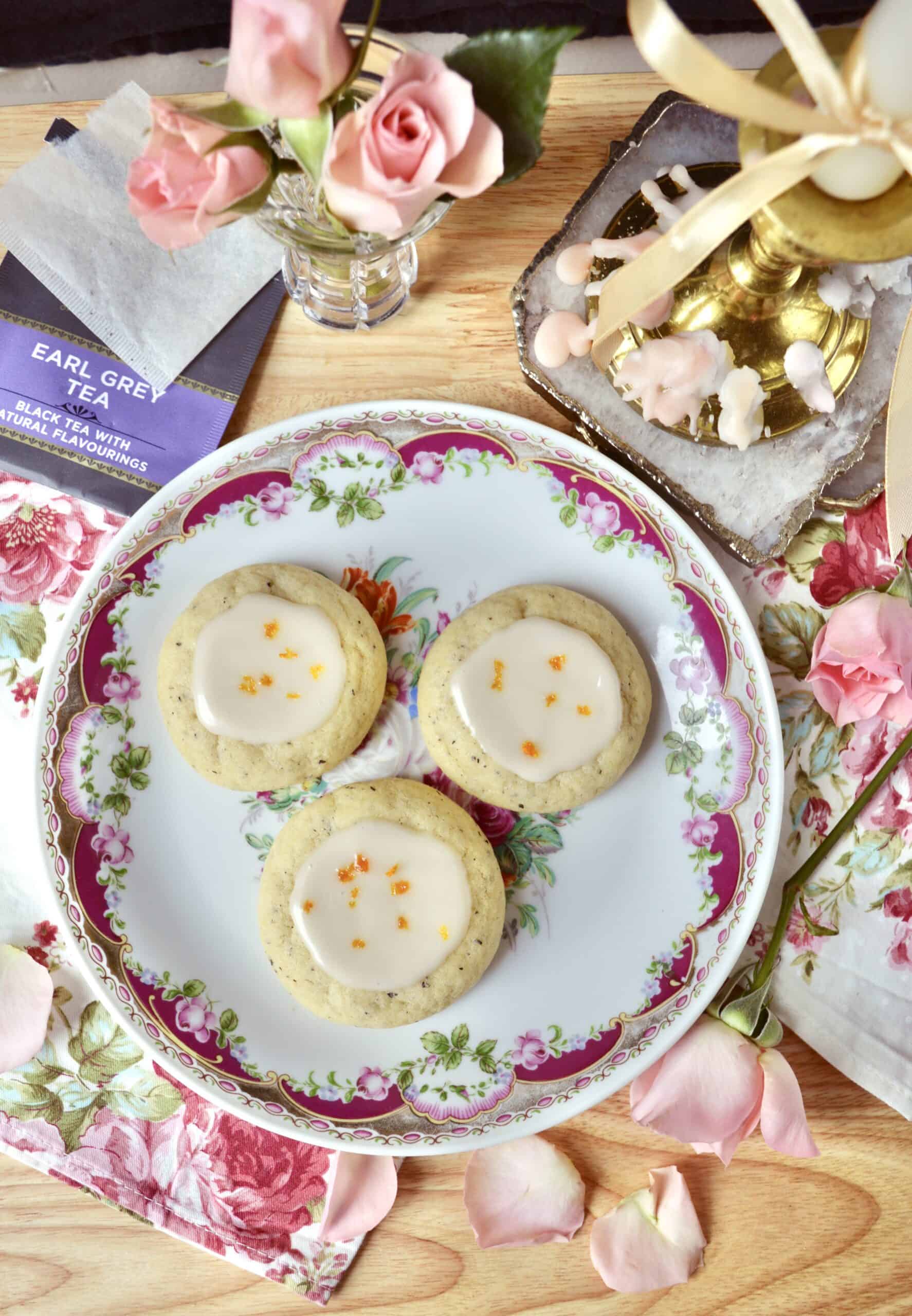 earl grey cookies on floral plate overhead