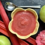 rhubarb applesauce overhead with spoon and fruit