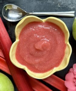 rhubarb applesauce overhead with spoon and fruit