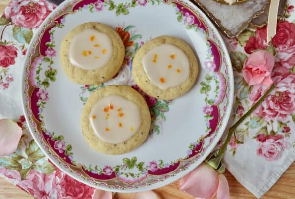 earl grey cookies on floral plate overhead