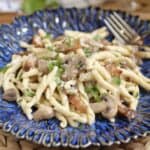 strozzapreti with mushrooms on a plate