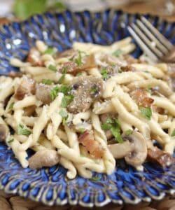 strozzapreti with mushrooms on a plate