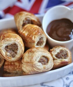 Sausage rolls recipe mini ones in bowl with HP Sauce